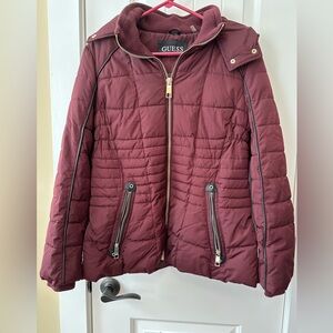 Gorgeous Burgundy Guess Zippered Puffer Coat with Hood